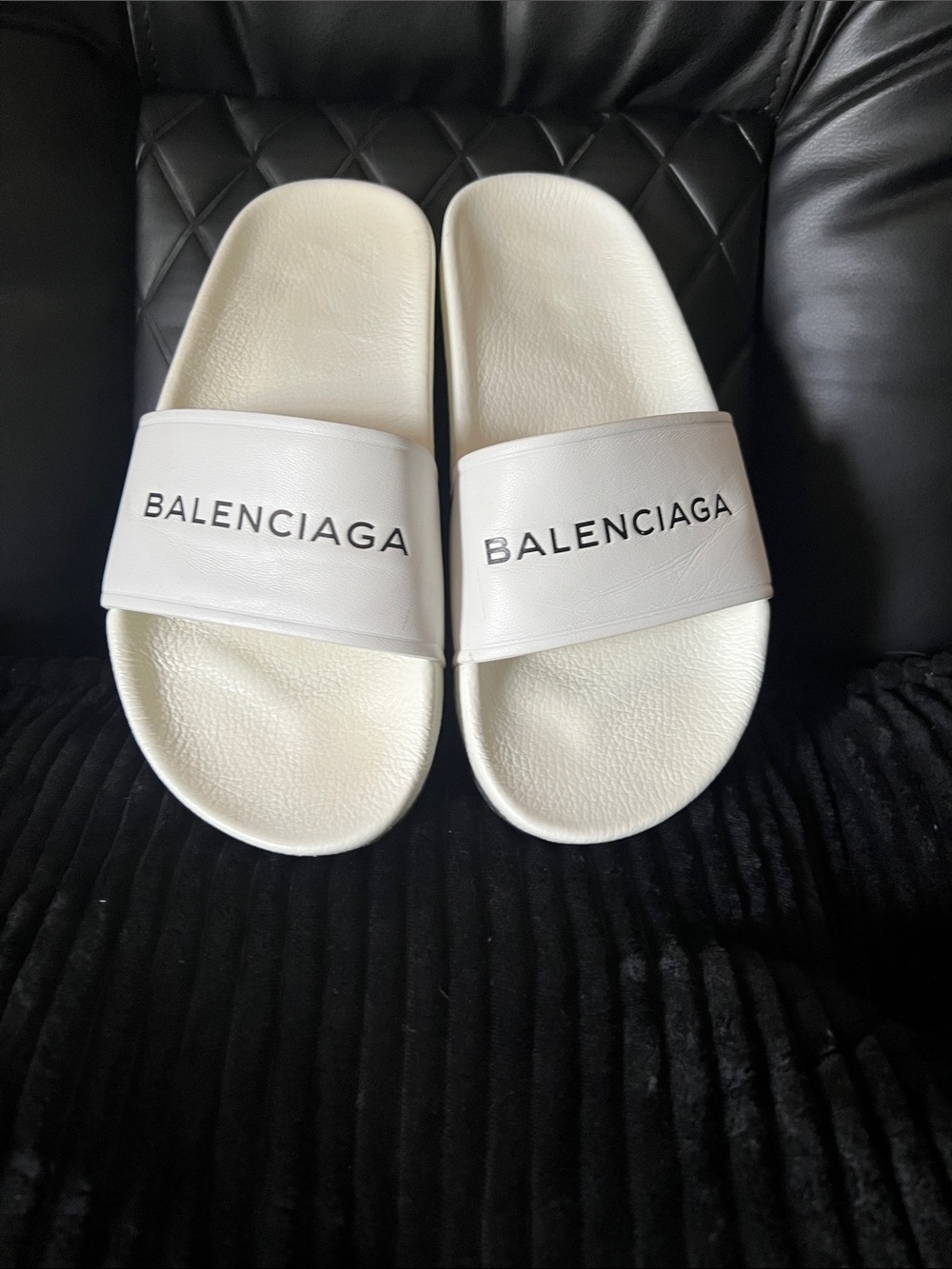 Balenciaga White Logo Slide Sandals with Black Lettering